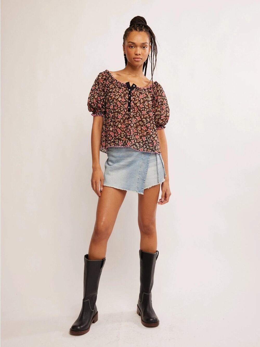 Free People Black Floral peasant Lace-Texture Blouse with Pink & Orange Large